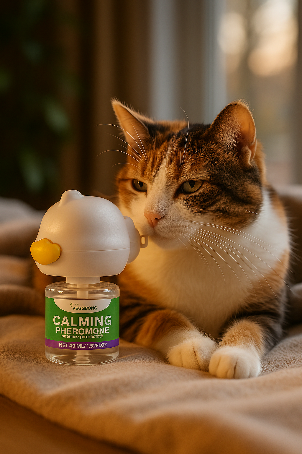 Cat relaxing next to calming diffuser